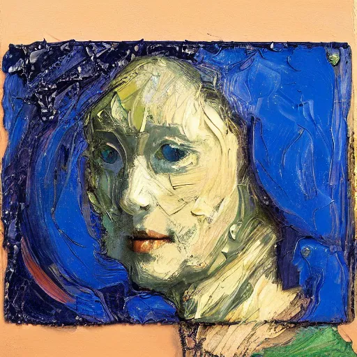 Image similar to oil paint impasto relief, portrait of woman's face, deep under water, looking up, air bubbles, multi layered thick brush marks, some splattered paint, in the style frank auerbach and leonardo da vinci and vermeer