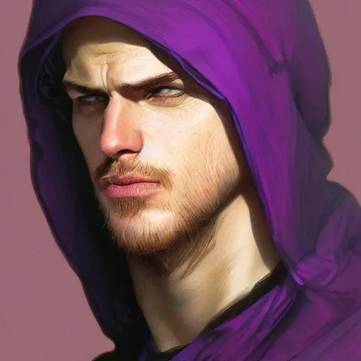 Image similar to ultra realistic illustration, man in a black hood, in a striped purple balaclava, mysterious, highly detailed, digital painting, artstation, concept art, smooth, sharp focus, illustration, art by artgerm and greg rutkowski and alphonse mucha