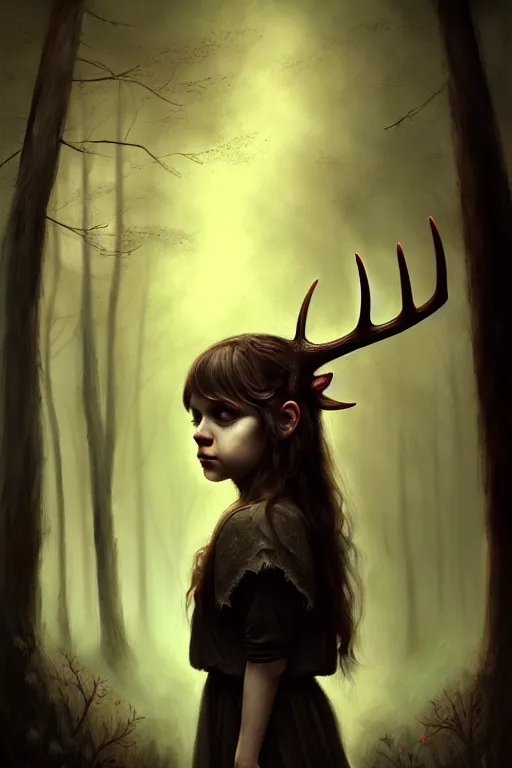 Prompt: a portrait of a little girl with antlers in a forest at night, dark, gothic, fantasy, portrait, figurativism, muted colors, digital painting in the style of bastien lecouffe - deharme, trending on artstation, detailed