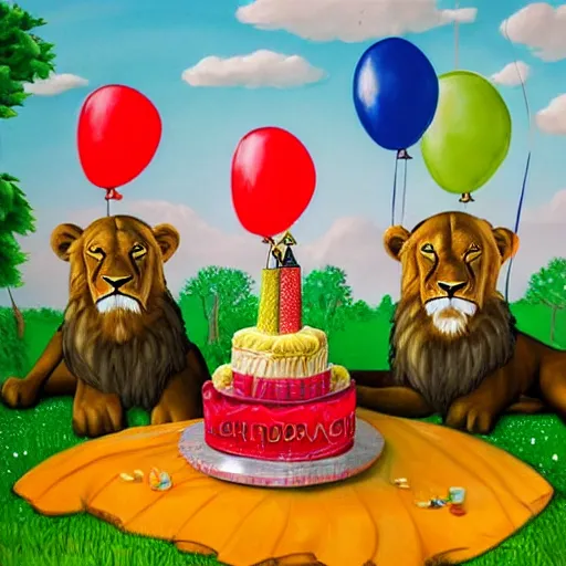 Image similar to award winning nature photography, a scenic picture of a birthday cake surrounded by lions. balloons are in the background. lion birthday party setting. extremely detailed lions. hyperrealistic, 8 k