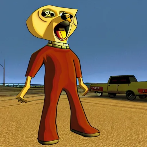 Prompt: full body shot of Courage the Cowardly Dog in GTA San Andreas, PlayStation 2 graphics, low quality 3D model