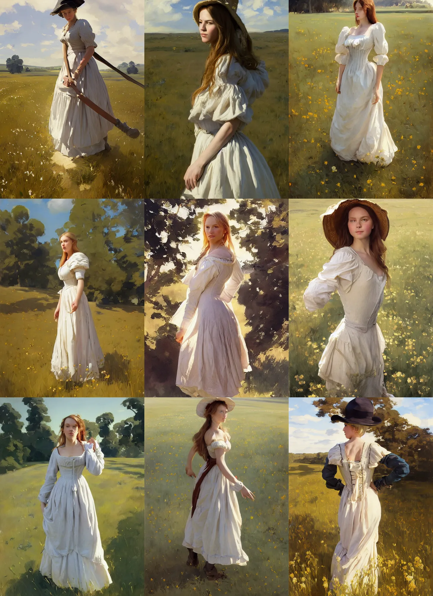 Prompt: attractive finnish norwegian swedish instagram model wearing 1 7 th century bodice walking in the field in a sunny day, jodhpurs greg manchess painting by sargent and leyendecker, studio ghibli, fantasy, medium shot, asymmetrical, intricate, elegant, matte painting, illustration, hearthstone, by greg rutkowski, by greg tocchini, by james gilleard