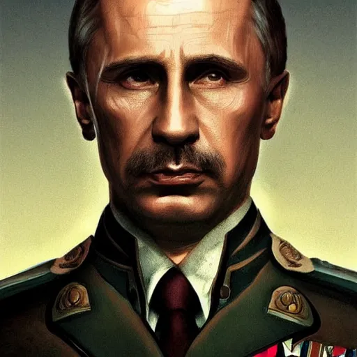 Prompt: Death of Vladimir Putin as General Sebastiano Di Ravello from Just Cause 2 game, portrait, highly detailed, digital painting, artstation, concept art, smooth, sharp focus, illustration, cinematic lighting, art by artgerm and greg rutkowski and alphonse mucha