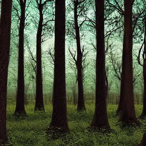 Image similar to endless forest of trees, highly detailed, ominous, vast