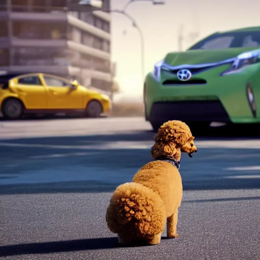 Prompt: a closeup photorealistic photograph of a poodle licking a glass jar of mustard. toyota prius is in the background. professional capture. brightly lit scene. this 4 k hd image is trending on artstation, featured on behance, well - rendered, extra crisp, features intricate detail, epic composition and the style of unreal engine.