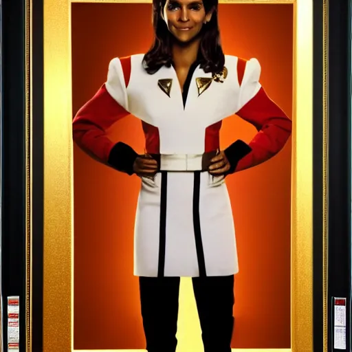 Image similar to a beautiful full body photograph of halle berry as a star fleet admiral from star trek next generation, full dress uniform, symmetrical face, extreme realism and detail, 8 k, completely framed, direct lighting, 3 5 mm photo, photorealistic, sharp focus