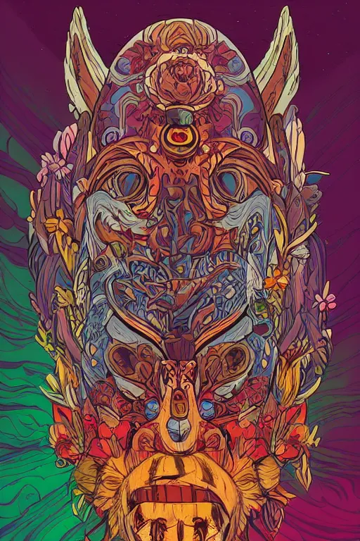 Image similar to animal mask totem roots flower tribal feather gemstone plant wood rock shaman vodoo video game vector cutout illustration vivid multicolor borderlands comics by josan gonzales and dan mumford radiating a glowing aura