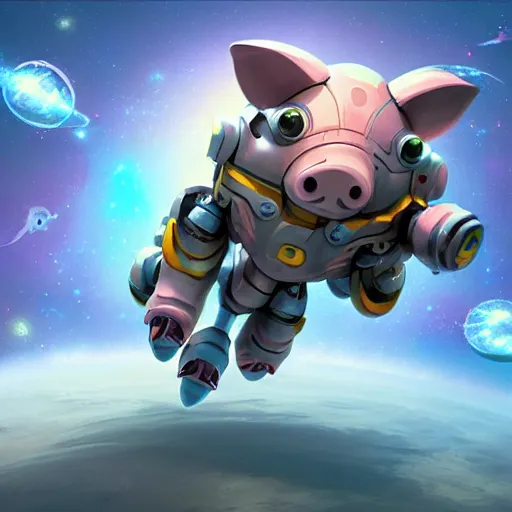 Image similar to 3D Fantasy Cute and adorable mecha piggy floating in space, bright stars, Smooth 3D Illustration, soft render, Servando Lupini, Daniil Kudriavtsev, handpaint texture, Blender, 3DCoat