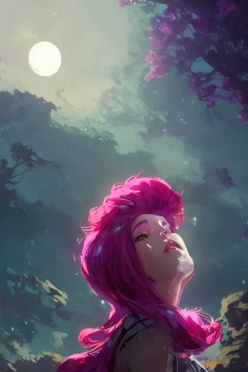 Image similar to A beautiful woman with magenta hair covering her face basking in the moonlight on an obsidian crystal bed below planets, tall tree, cinematic lighting, dramatic atmosphere, by Dustin Nguyen, Akihiko Yoshida, Greg Tocchini, Greg Rutkowski, Cliff Chiang, 4k resolution, trending on artstation