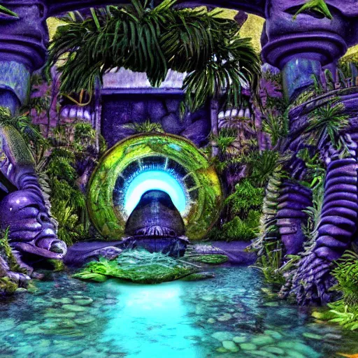 Prompt: ultra realistic, cyperpunk, alien, water, amphibian, alien world, submerged, aquatic, aztec architecture, advanced, coral, sand, alien plants, temple, portal, star gate, alien flora and fana