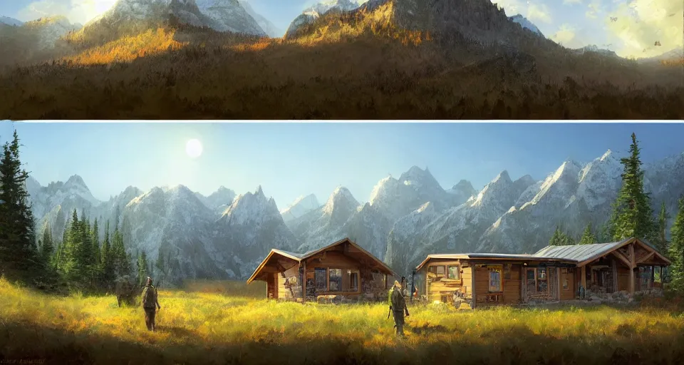 Image similar to cabela's beautiful comfortable community of modular insulated wall container home kit - house all weather family dwelling tent house, person in foreground, mountainous forested wilderness open fields, beautiful views, painterly concept art, environmental concept art, concept art illustration, by james gurney, by craig mullins, by greg rutkowski trending on artstation