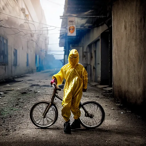 Image similar to a photo of a boy wearing a hazmat suit, riding a bike, side-view, smoke in the background, filthy streets, broken cars. Vines growing. Jpeg artifacts. Full-color photo. Color color color color color. Award-winning photo. Samyang/Rokinon Xeen 50mm T1.5