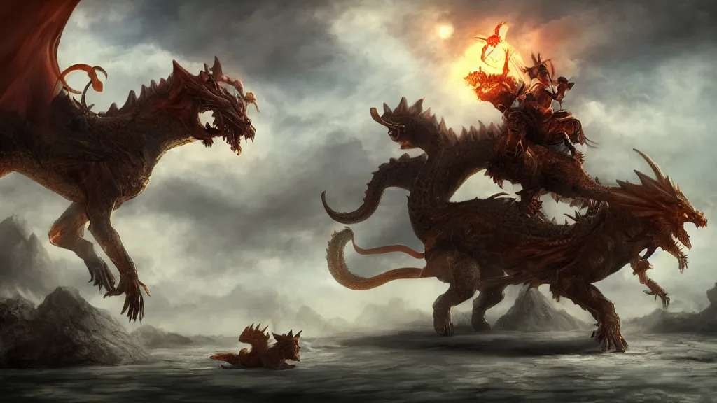 Image similar to Shiba Inu riding a dragon into battle, concept art, matte painting, highly detailed, artstation, dynamic, epic composition