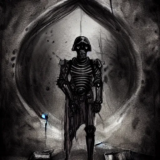 Image similar to full-body dark creepy gothic realistic drawing central composition a decapitated soldier with futuristic elements. he welcomes you under with no head, empty helmet inside is occult mystical symbolism headless full-length view. standing on ancient altar eldritch energies disturbing frightening, hyper realism, 8k, sharpened depth of field, 3D