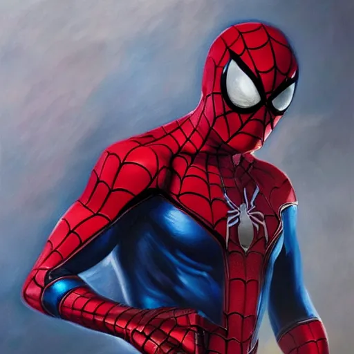 Image similar to photorealistic, hyperdetailed oil painting of a spider - man and iron man hybrid