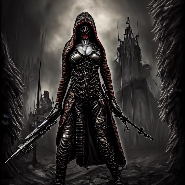 Image similar to apocalyptic woman in hood standing in hall of weaponry, hyper - detailed, smooth, sharp focus, 4 k ultra hd, fantasy dark art