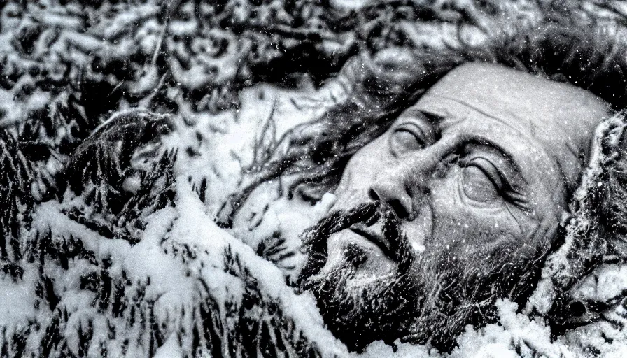 Image similar to 1 9 6 0 s movie still close up of marcus aurelius frozen to death under the snow on a river's shore with gravel, frozen hair, pine forests, cinestill 8 0 0 t 3 5 mm b & w, high quality, heavy grain, high detail, texture, dramatic light, anamorphic, hyperrealistic, detailed hair foggy