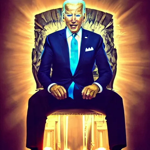 Prompt: Joe Biden with glowing lens flare eyes sitting on a throne made out of human skulls, oil painting