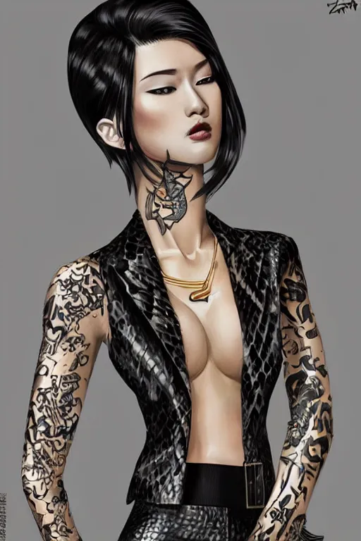 Image similar to yakuza slim girl, gold suit jacket in snake print, jacket over bare torso, yakuza tattoo Irezumi on body, black short curtain haircut, black leather pants with black belt, portrait, beautiful face, elegant, 2d, ultra highly detailed, digital painting, smooth, sharp focus, artstation, art by Ilya Kuvshinov, rossdraws