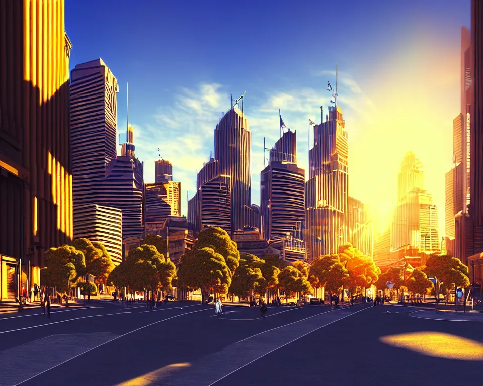 Prompt: sydney in the future, city streets, golden hour, perspective artwork, photorealism