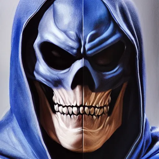 Image similar to ultra realistic portrait painting of skeletor as batman, art by mark taylor, 4 k, ultra realistic, highly detailed, epic lighting