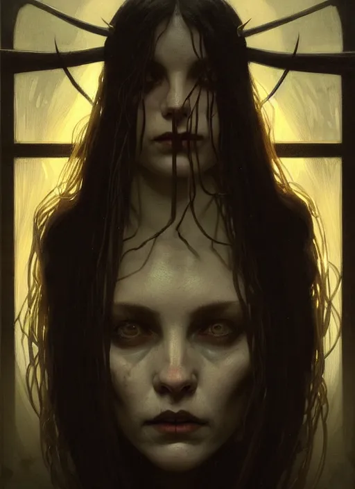 Image similar to symmetry!! portrait of a witch, horror, dark moody lights!! intricate, scary, highly detailed, digital painting, artstation, concept art, smooth, sharp focus, illustration, art by greg rutkowski and alphonse mucha
