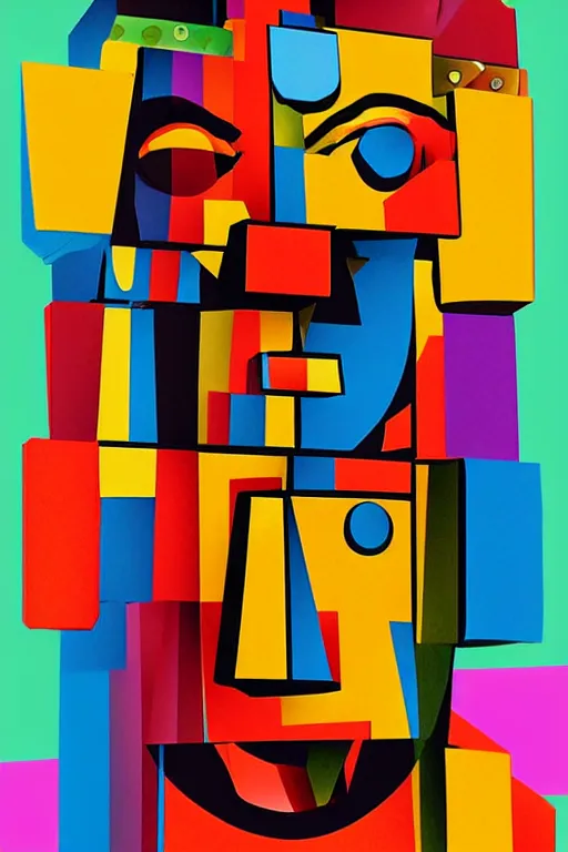 Image similar to cubist moai statue cutout digital illustration cartoon colorful beeple