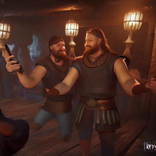 Image similar to Two viking brothers taking a selfie in a crowded tavern, dof, Unreal Engine 5, intricately detailed, 8k