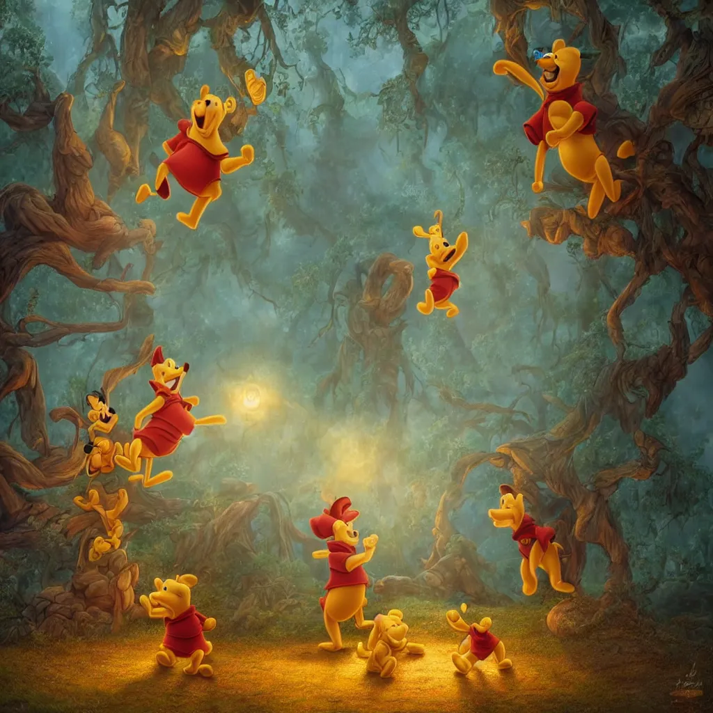 Prompt: epic finale scene of winnie the pooh being betrayed by goofy and donald duck, intricate, epic, elegant, menacing, fantasy, highly detailed, digital painting, hard focus, beautiful volumetric lighting, epic light, ultra detailed, by Leesha Hannigan, Ross Tran, Thierry Doizon, Kai Carpenter, Ignacio Fernández Ríos