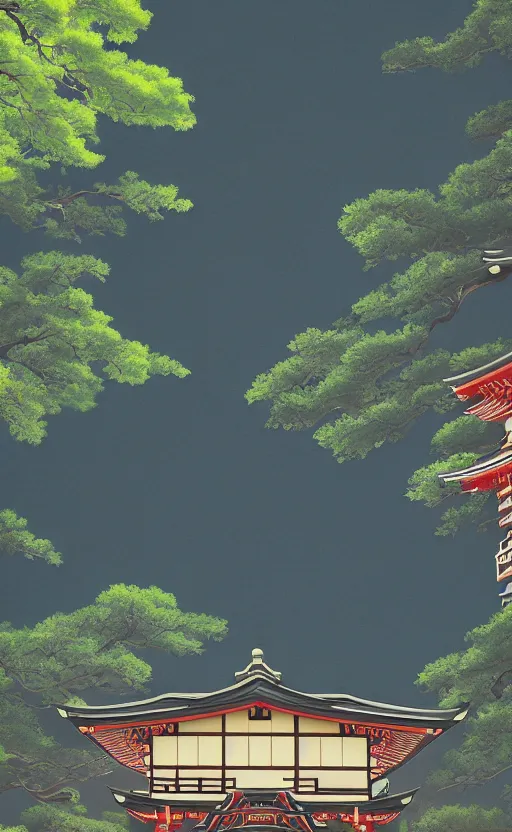 Image similar to japanese inspired poster, beautiful japanese architecture and nature, japanese beautiful aesthetic, photorealistic, lake, light rays theough the trees, 8 k image, studio ghibli anime style