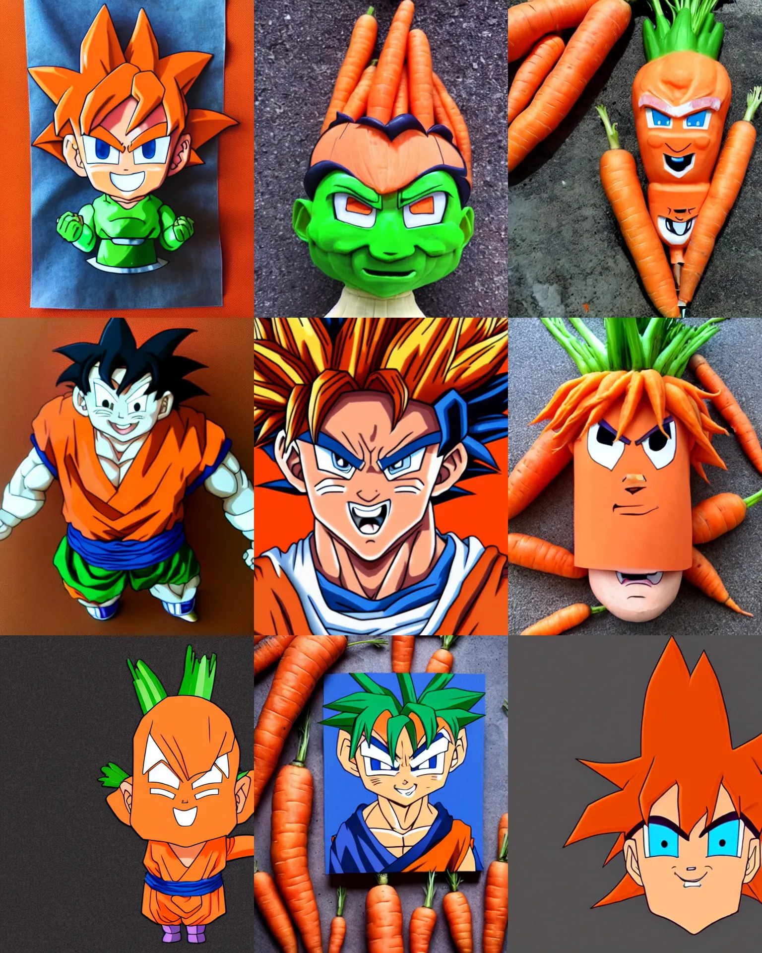 Prompt: a photo of a carrot, carrot vegetable fusion with goku from dragon ball's face on the carrot