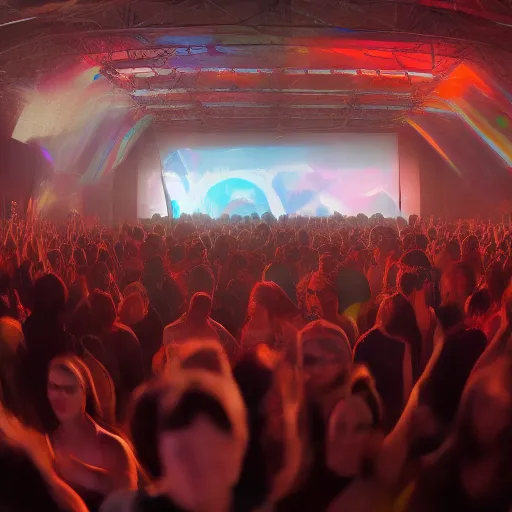 Image similar to A professional event protographer's photo of an Algorave event, taken from aside the podium of the small event venue. In frame is a small partying crowd and in the front right we see two livecoding artists and a very bright big screen with livecoded visuals projected on it. Focus on the performing artists and the faces of the people in the crowd. Extremely detailed faces. 8k resolution, octane renderer