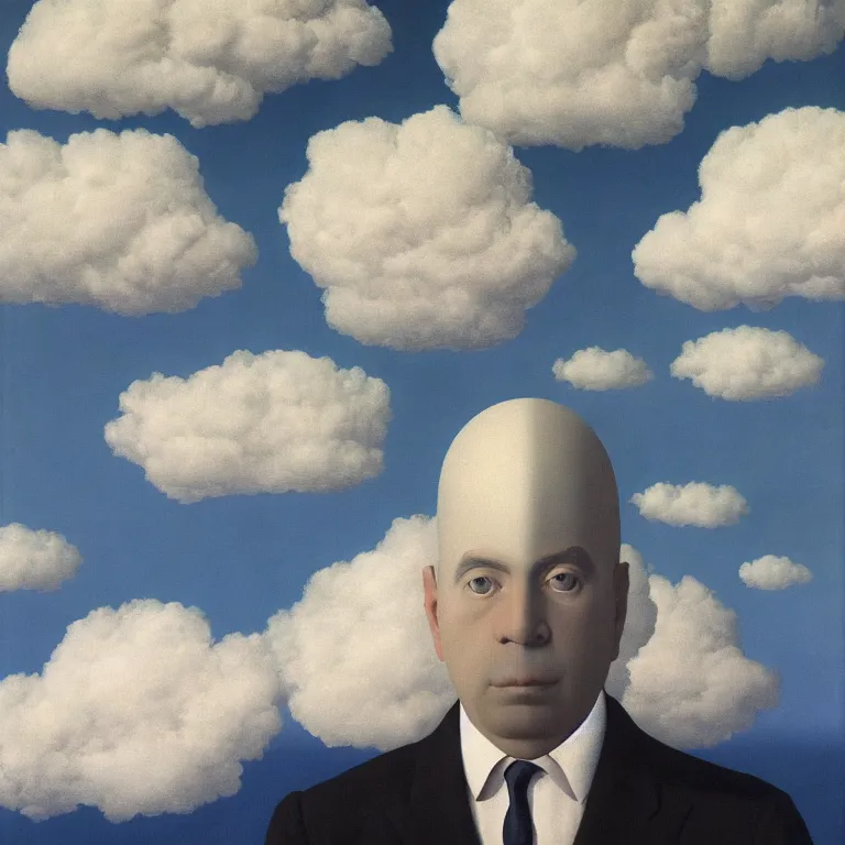 Prompt: portrait of a ghost, clouds in the background, by rene magritte, detailed painting, distance, middle centered, hd, hq, high resolution, high detail, 4 k, 8 k