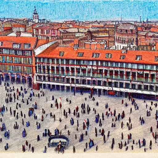 Image similar to colored pencil drawing of la plaza mayor de madrid in 1 9 2 7