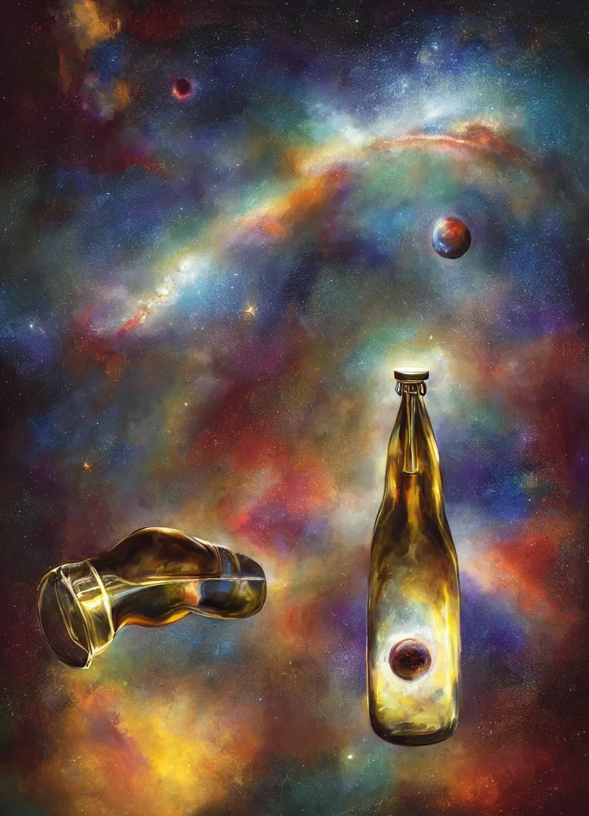 Prompt: high intricate dreamy painting of the milkyway inside a bottle, full shot, neil gaiman, maria panfilova, andrea savchenko, mike kime, ludovic plouffe, qi shengluo, oliver cook, julian calle, eddie mendoza, trending on artstation