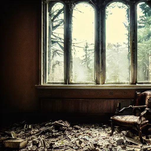 Prompt: abandoned luxury house, cinematic, filmic, photography, vignette, dark, 4 k, 8 k, ultra - hd, moody lighting, in the woods