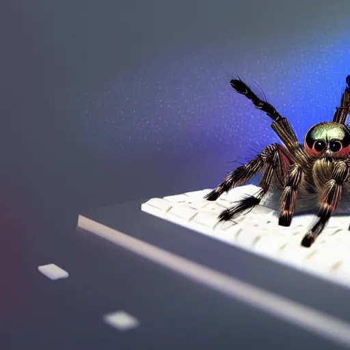 Image similar to a giant jumping spider using a computer keyboard, by pixar, iridescent, character concept art