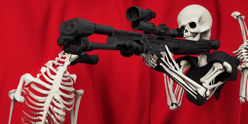 Image similar to a skeleton in a red hoodie with a rifle ultrarealism