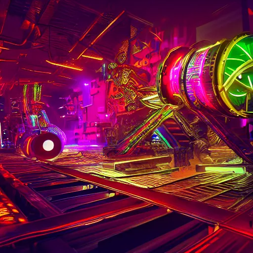 Image similar to album cover, album is called tripmachine,, a huge futuristic steampunk machine made of guitars and drums and pianos, connected with glowing tubes 8 k, fluorescent colors, halluzinogenic, multicolored, exaggerated detailed, front shot, 3 d render, octane