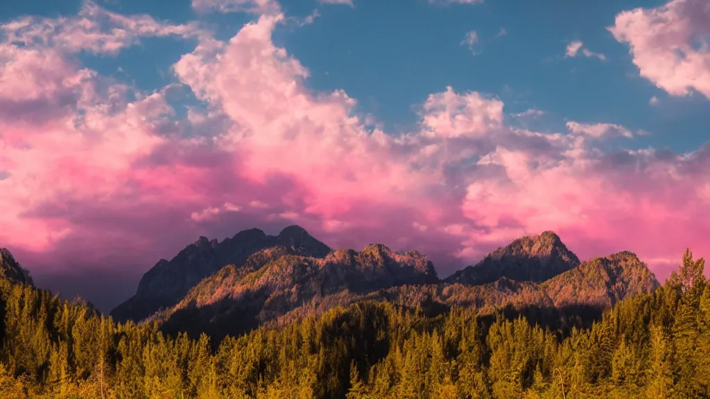 Image similar to Beautiful lush mountains under the pink clouds backlit by the sun