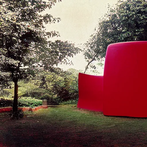 Prompt: grainy vintage autochrome pinhole-photograph of a massive red surreal sculpture-synthesizer with tactile moving controls and finely crafted dials standing on a tripod in a secret garden, digital art