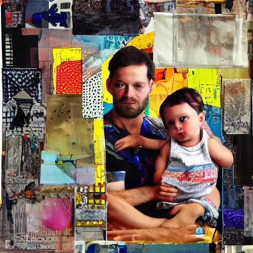 Prompt: maximalist mixed media collage of a father with child.