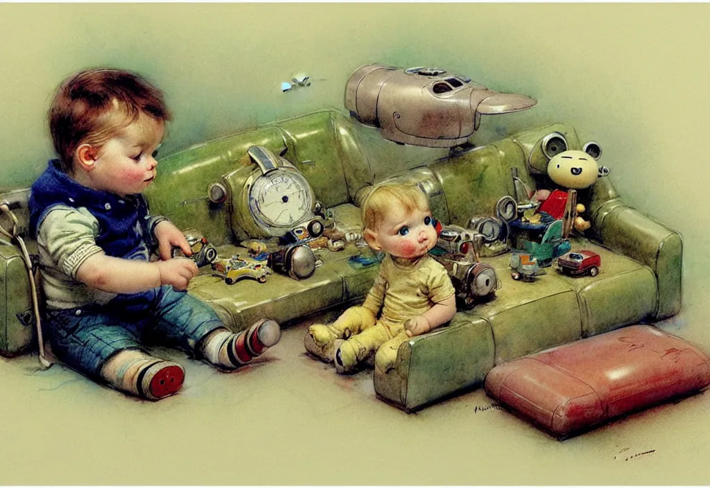 Prompt: toddler ( ( ( ( ( 1 9 5 0 retro future living room. muted colors. toys laying around ) ) ) ) ) by jean baptiste monge, chrome green