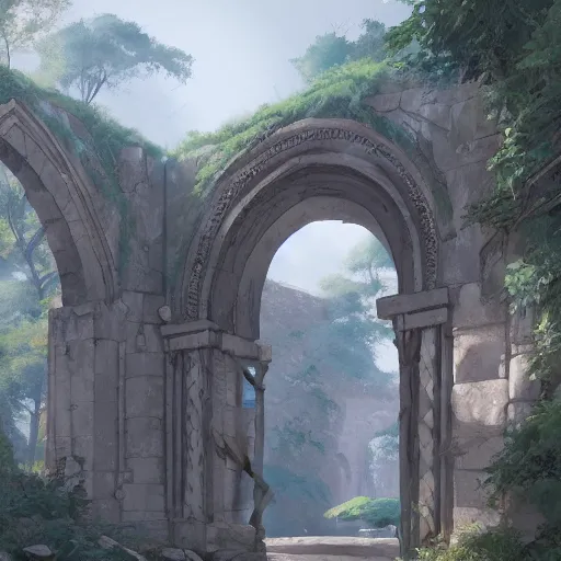 Image similar to concept art painting of an ornate ancient stone archway, in the woods, realistic, detailed, cel shaded, in the style of makoto shinkai and greg rutkowski and james gurney