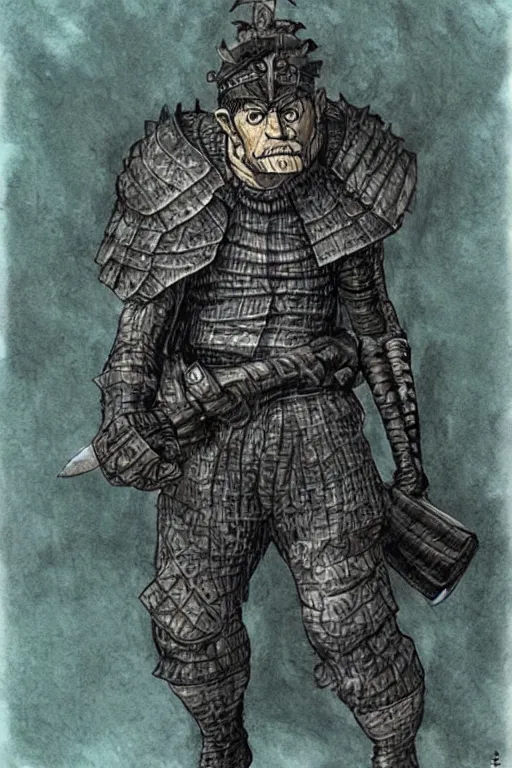 Prompt: gopnik man warrior, artwork by Kentaro Miura