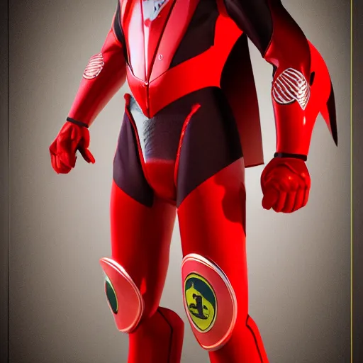 Image similar to Tokusatsu character based on Ferrari, red mechanical skinny body, chest plate with Ferrari logo, stylized motorcycle helmet, full body, unreal engine, 3D model