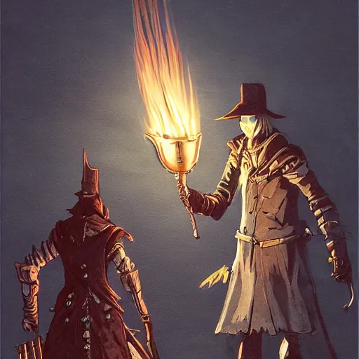 Image similar to hunter from bloodborne holding a torch, concept art by otomo katsuhiro, behance contest winner, retrofuturism, toonami, redshift, official art