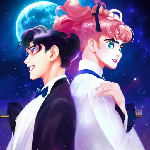 Image similar to Sailor Moon and Tuxedo Mask singing karaoke, highly detailed, digital painting, artstation, concept art, sharp focus, illustration, cinematic lighting, art by artgerm and greg rutkowski and alphonse mucha