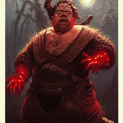 Image similar to head and shoulders portrait of a bloated blind dwarf with red glowing eyesockefs, d & d, fantasy, greg rutkowski, frank frazetta, alexandre chaudret, boris vallejo, michael whelan, miro petrov, hr giger, magali villeneuve, donato giancola