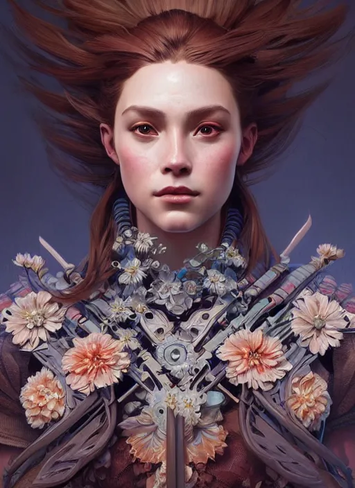 Image similar to symmetry!! portrait of floral! horizon zero dawn machine, intricate, elegant, highly detailed, digital painting, artstation, concept art, smooth, sharp focus, illustration, art by artgerm and greg rutkowski and alphonse mucha, 8 k